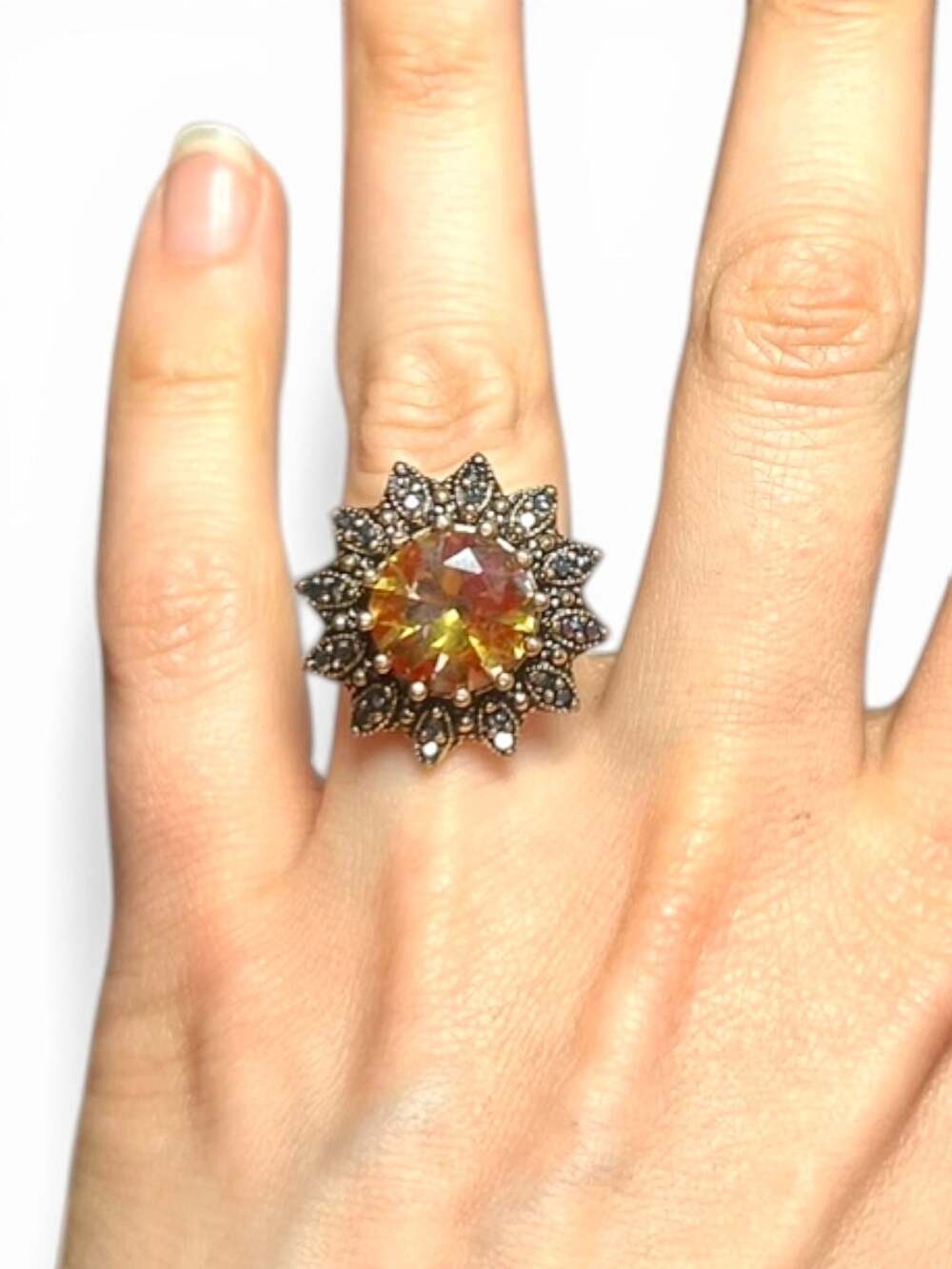 Sterling Silver Marcasite & Simulated Citrine Sunflower Cocktail Ring. Size 6.5